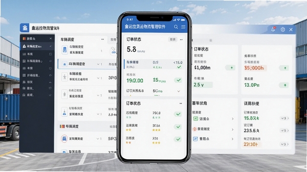 鑫运拉货运物流管理软件界面预览图，展示车辆调度列表与订单状态看板，背景为现代物流园区，手机屏幕居中，画面清晰明亮，突出软件专业性与实用性