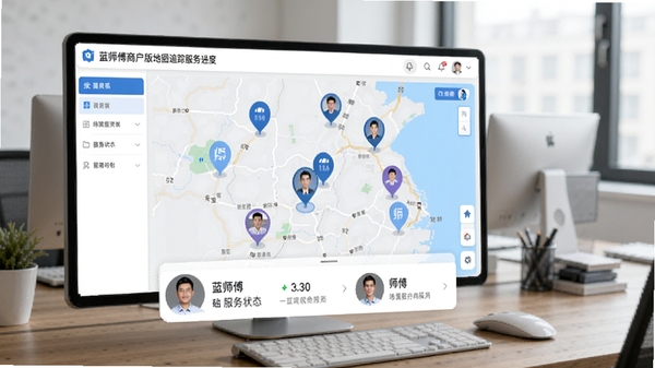蓝师傅商户版地图追踪服务进度界面,地图上有多个标记点代表师傅位置,下方浮窗显示师傅姓名和服务状态,界面现代简洁,背景为办公室桌面