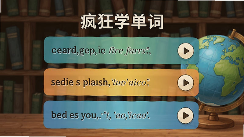 疯狂学单词的情景化例句界面,显示一个单词下方罗列三个不同场景的例句,每个例句旁边有播放按钮,背景为书架和地球元素,强调真实语境学习