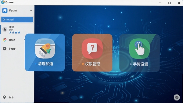 Emoke软件主界面截图,展示其简洁的仪表盘风格,背景为深蓝色科技感渐变,前景中央显示几个核心功能模块图标,如清理加速、权限管理、手势设置,图标采用扁平化设计,整体色调明亮,细节丰富,画面比例为16:9