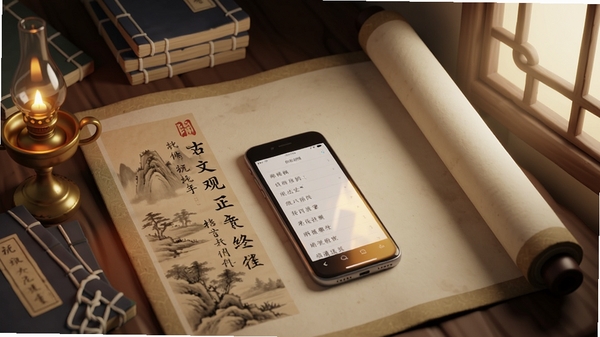 一幅古风书卷展开的画面,卷轴上有山水墨画和诗词文字,画面左侧摆放着一盏油灯和几本线装古籍,右侧有一扇木窗透进柔和光线,整体色调为米黄与淡褐,突出古文观芷的古典文化氛围,画面中央留白处放置一个智能手机屏幕,屏幕中显示诗词列表界面,手机屏幕反射出暖光,细节精致,高清渲染。