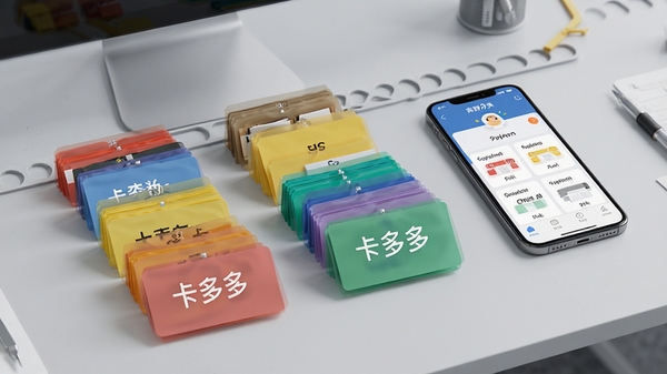 卡多多智能分类功能演示图，展示不同颜色标签的卡片分组排列，背景为浅灰色工作台，手机屏幕中显示分类界面，标签清晰可见，画面干净整洁，突出高效管理的特点。