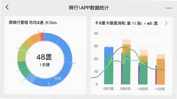 骑圈APP数据统计页面截图，展示环形图表与柱状图，包含周骑行里程、均速、卡路里消耗等维度，界面简洁清晰，背景为浅灰色，数据可视化美观，突出专业感。