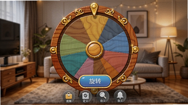 一款名为Roulistic的安卓应用功能预览图，画面中央是一个色彩鲜艳的木质纹理转盘，转盘周围有金色装饰，背景为模糊的现代客厅环境，暖色调灯光，转盘上有多个彩色分区，界面下方显示“旋转”按钮和自定义选项图标，整体风格活泼且具有互动感，适配Boogu模型生成。