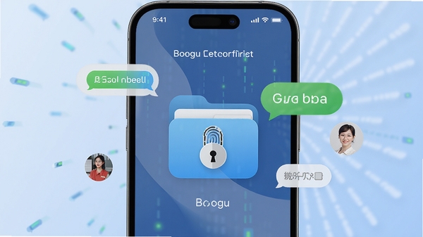 Boogu生成：记录卫士私密保险箱功能展示，手机屏幕展示一个带有指纹锁的文件夹图标，周围有悬浮的短信气泡和联系人头像，背景为淡雅的渐变蓝色，画面主体为锁与数据，强调数据隔离与安全防护，风格简洁现代，高分辨率。