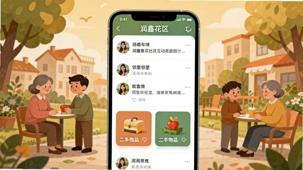 润鑫花社区互动界面，手机屏幕展示用户帖子列表和二手物品卡片，背景为温馨的社区场景插画，色调温暖，突出邻里交流氛围，润鑫花APP界面位于视觉中心