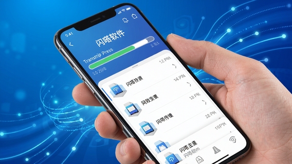 闪嗒软件主界面展示，手机屏幕显示传输进度条与文件列表，背景为渐变的蓝色科技感光线，画面清晰明亮，突出高效传输主题