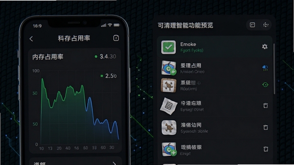 Emoke智能加速功能预览图,左侧显示手机内存占用率图表,右侧列出可清理的缓存文件列表,界面采用深色主题,绿色和蓝色作为强调色,背景有细微的网格纹理,整体科技感十足,画面比例为16:9