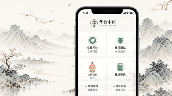 华诊中医APP主界面展示,整体风格采用淡雅的中国风设计,背景为柔和的水墨山水画,前景是手机屏幕,屏幕中清晰显示华诊中医的LOGO和主要功能模块,如在线问诊、体质测试、健康资讯等,画面干净整洁,突出中医元素与现代科技的融合