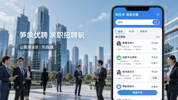 笋象优聘求职招聘软件主界面预览图，展示清晰的功能分区、职位列表和搜索栏，背景为现代化城市建筑与职场人物元素，整体风格清新明亮，突出高效便捷的求职体验