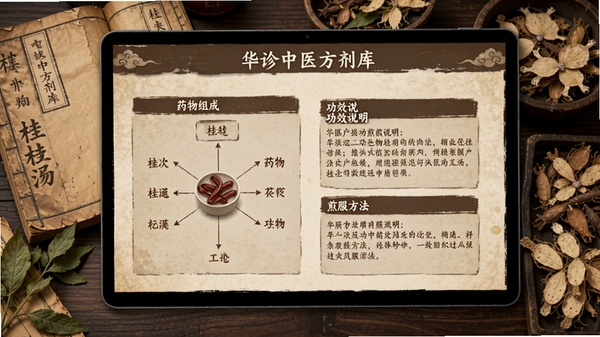 华诊中医方剂库界面,屏幕显示桂枝汤的详情页,包含药物组成图表、功效说明和煎服方法,背景为古旧的中医药典籍和草药标本,整体风格古朴典雅,突出中医文化底蕴
