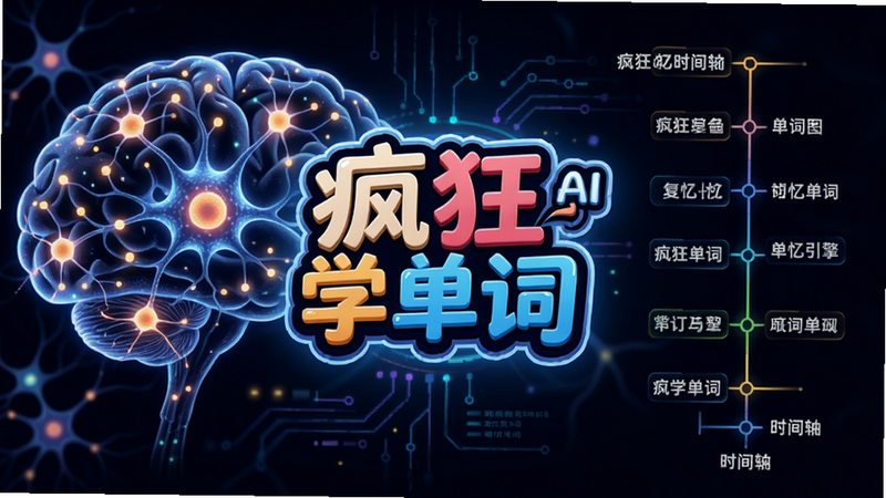 疯狂学单词 AI 记忆引擎示意图，左侧显示大脑神经元网络，右侧列出单词复习时间轴，中间有“疯狂学单词”Logo，色彩明亮，科技感十足，Boogu 绘制