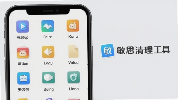 敏思清理工具文件管理界面,手机屏幕显示文件分类列表,包括视频、图片、安装包等,背景为浅灰色调,文件图标色彩丰富,突出大文件清理的直观与便捷,画面右侧有“敏思清理工具”标识,适配Boogu模型生成。