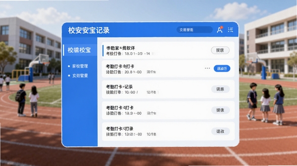 校安宝校园软件主界面预览图，画面中央显示清晰的考勤打卡记录列表，背景为模糊的现代化校园操场，整体色调以蓝色和白色为主，风格简洁明亮，突出家校互联的安全管理主题