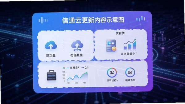 信通云更新内容示意图，展示新功能图标与优化数据，背景为科技感光效，主体为版本更新日志卡片，蓝紫渐变色调，现代扁平风格
