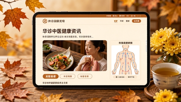 华诊中医健康资讯页面,屏幕展示一篇关于秋季润肺的养生文章,配有关联食谱和穴位图解,背景为秋季落叶与菊花茶具,整体色调温暖,体现养生氛围