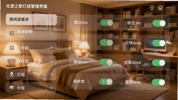 光源之家灯组管理界面图，左侧为房间列表，右侧显示各灯组开关状态，背景是温馨的卧室与书房场景，画面干净，色彩柔和，突出分组控制逻辑