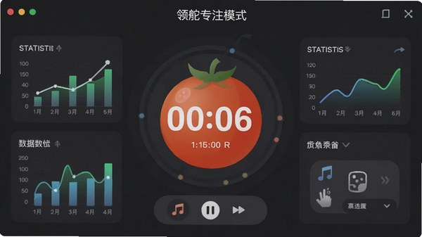领舵专注模式界面，屏幕中央显示一个番茄钟倒计时，周围有统计图表和音乐控制按钮，背景为深灰色营造宁静感，视觉焦点集中在计时与数据上