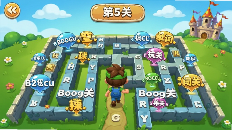 疯狂学单词闯关界面，卡通风格，一个角色在单词迷宫中前进，头顶显示当前关卡“第5关”，周围有各种单词泡泡，背景为草地和城堡，Boogu 生成