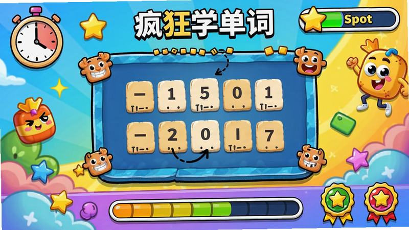 疯狂学单词的闯关挑战界面,中央是一个拼写填空区域,四周有倒计时和积分条,底部是进度条和成就徽章,背景色艳丽活泼,带有卡通风格