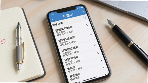 作业答案批改软件错题本界面,手机屏幕显示错题列表和知识点分类,周围有笔记本和笔,背景为简洁桌面,突出错题归档功能,画面清晰,细节丰富,写实风格