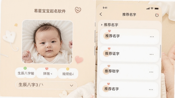 易星宝宝起名软件主界面预览图，展示宝宝照片上传区域、生辰八字输入框以及推荐名字列表，背景温馨明亮，色彩柔和，整体风格简洁现代，适合移动端界面展示