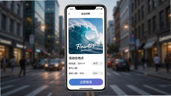 造浪APP同城活动功能预览，手机界面显示一个活动详情页，包含活动海报、时间地点、参与人数等信息，背景是模糊的城市街道，界面下方有醒目的“立即报名”按钮，整体设计风格清爽