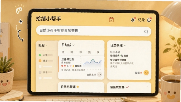 拾绪小帮手智能事项管理界面，展示自然语言输入框和自动生成的日程卡片，背景为暖黄色调，突出轻松记录的氛围