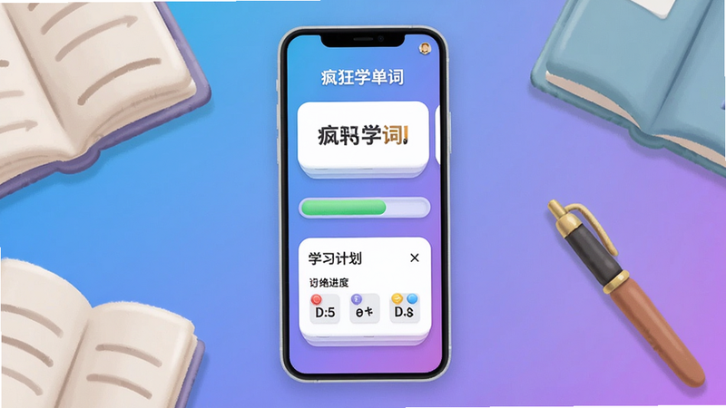 疯狂学单词 App 主界面截图，展示单词卡片、进度条、学习计划，背景为简约渐变蓝紫色，手机屏幕居中，四周有书本和笔的装饰，Boogu 风格