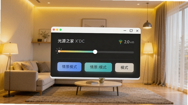 光源之家软件主界面预览图，展示智能照明控制面板，背景为现代简约客厅，暖黄色灯光氛围，界面有亮度调节滑杆和情景模式按钮，整体明亮清晰，适合应用商店截图风格