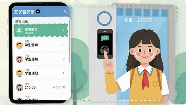 校安宝校园智能考勤功能界面截图，左侧为设备列表，右侧展示学生刷脸进校的动画演示，模拟家长手机收到带有时间戳和照片的到校通知，画面风格扁平化，色彩清新