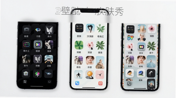 壁纸主题秀主题皮肤展示，手机屏幕显示多套主题图标和壁纸搭配效果，包括暗黑风格、清新风格等，突出软件名称，界面整洁美观