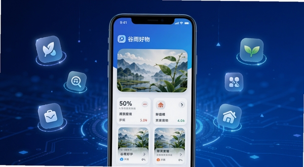 谷雨好物app主界面预览图，展示其功能模块总览，背景为深蓝色科技感渐变，前景是手机界面，左右两侧有悬浮的光效和功能图标，整体风格现代、干净、有秩序感