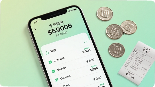 记账免费软件主界面预览图，一部智能手机屏幕显示简洁的收支记录列表，上方有本月结余数字，背景是淡绿色渐变，旁边散落着几枚硬币和一张小票，整体风格清爽明亮，适配Boogu模型生成