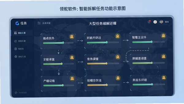 领舵软件智能拆解任务功能示意图，界面展示一个大型任务被分成多个小步骤，每个步骤带有进度条和提醒图标，背景为淡蓝色渐变，突出逻辑清晰与自动化处理