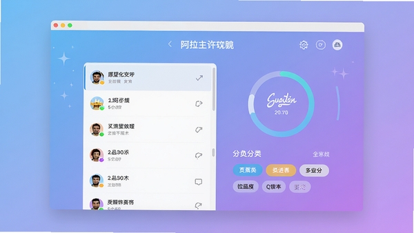 阿拉丁许愿软件主界面预览图，展示愿望清单列表、进度圆环和分类标签，背景为柔和渐变蓝紫色，画面主体居中，现代扁平化设计风格，明亮通透，细节丰富