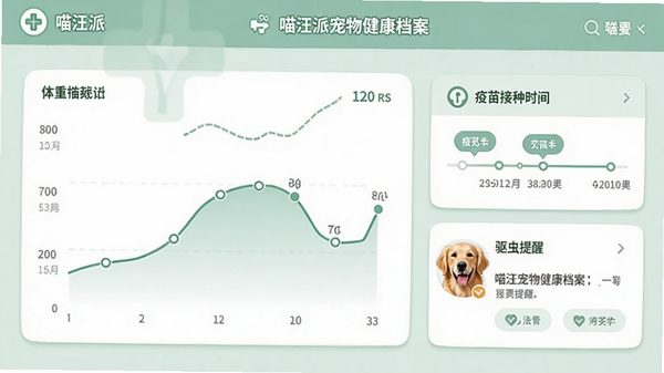喵汪派宠物健康档案界面截图，画面展示一只金毛犬的电子档案，包含体重曲线图、疫苗接种时间轴、驱虫提醒卡片，背景为淡绿色医疗风格，界面简洁清晰，数据可视化图表丰富