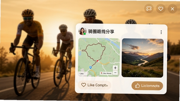 骑圈社区界面概念图，展示用户发布的骑行路线分享卡片，包含路线地图预览、风景照片与点赞评论按钮，背景为模糊的骑行队伍剪影，风格温暖，强调社交互动氛围。