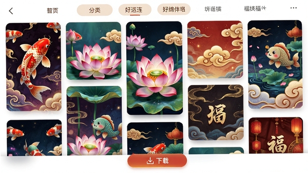 好运连绵福气壁纸中心界面，展示多张精美壁纸缩略图，有锦鲤、莲花、祥云等主题，壁纸风格唯美，色彩鲜艳，界面为瀑布流布局，顶部有分类标签栏，底部有下载按钮，整体视觉冲击力强，富有感染力