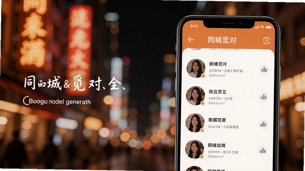 同城觅对主界面展示，手机屏幕中显示附近用户列表，背景为模糊的城市夜景，霓虹灯点缀，整体色调温暖，突出社交氛围，画面主体为手机界面特写，背景虚化处理，适配Boogu模型生成