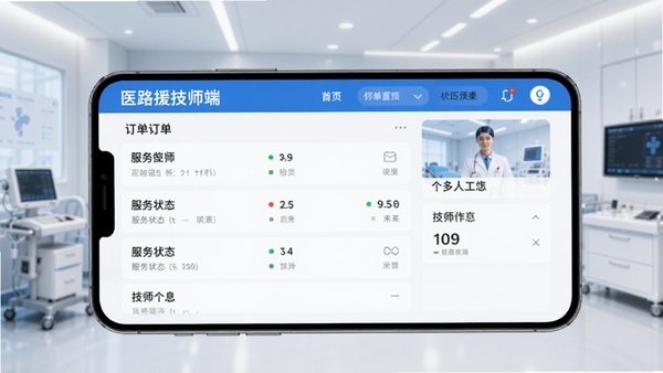 医路援技师端软件主界面预览图，展示订单列表、服务状态和技师个人信息，背景为现代简约医疗风格，色调以蓝白为主，界面清晰直观，突出移动端操作便捷性。