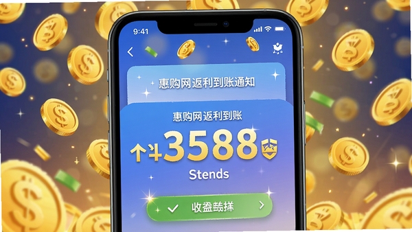 手机屏幕显示惠购网返利到账通知，金额数字突出，背景为金币雨特效，色彩明亮，突出收益喜悦感，高清手机界面截图