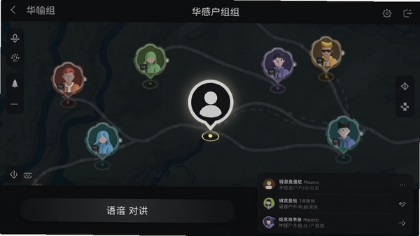 华感户外组队界面示意图，地图上显示多个不同颜色的队友头像图标，其中一个头像高亮显示正在说话状态，屏幕下方有语音对讲按钮和消息列表，界面采用深色主题以突出地图显示，风格现代且直观