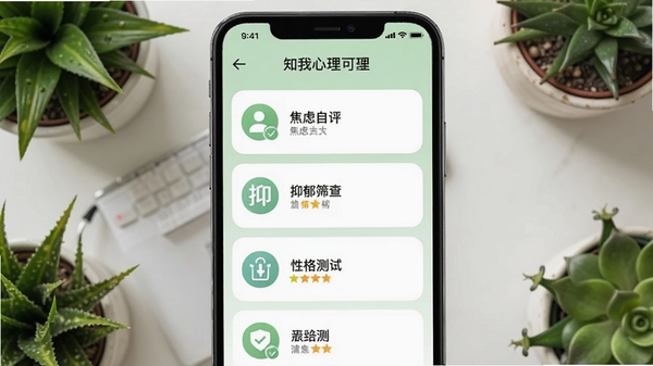 知我心理心理测评功能截图，手机界面显示测评列表，包含焦虑自评、抑郁筛查、性格测试等，背景为浅绿色，图标清新，文字清晰，突出专业性与易用性，构图平衡，手机居中，周围有植物元素点缀