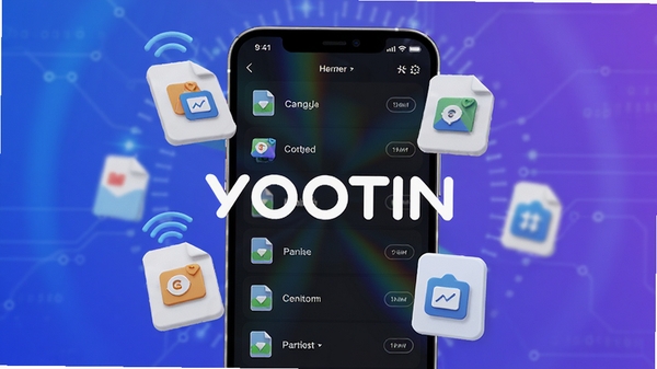 YOOTIN软件主界面预览图，背景为渐变蓝紫色科技感氛围，前景展示手机屏幕上简洁的文件传输列表界面，文件图标以3D卡片形式悬浮排列，中间有醒目的YOOTIN品牌Logo，整体风格明亮清晰，突出高速传输与便捷管理的核心功能