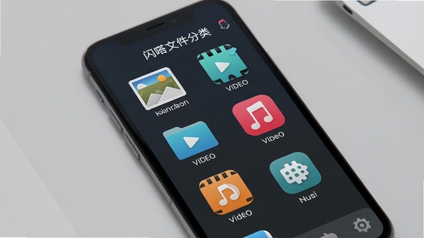闪嗒文件分类界面，手机屏幕展示图片、视频、音乐等图标整齐排列，背景为浅灰色桌面，风格简洁现代，突显文件管理的便利性