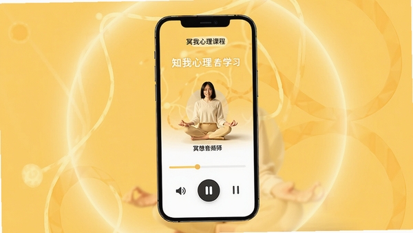 知我心理课程学习界面，展示冥想音频课程播放页，包含进度条、音量控制、讲师头像，背景为暖黄色，营造放松氛围，界面简洁，突出音频播放功能，手机竖屏居中，周围有柔和光圈装饰