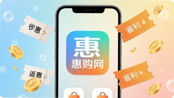 现代感手机购物界面，中央显示惠购网应用图标，背景为柔和的渐变色，周围漂浮着优惠券和金币元素，整体风格明亮活泼，突出省钱返利主题，高清渲染图
