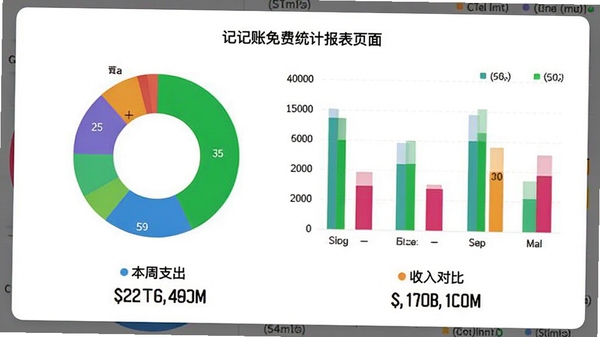 记账免费统计报表页面，展示一个圆环饼图与柱状图，颜色鲜艳区分不同分类，背景为白色卡片，下方有本周支出与收入对比数字，画面专业但不复杂