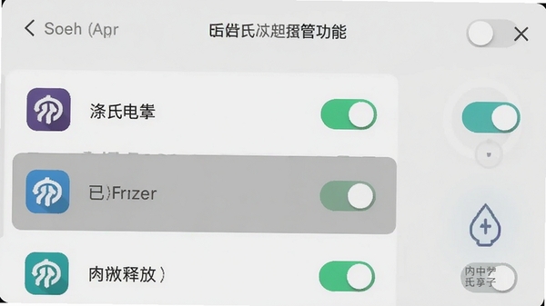 涤狼氏应用冻结功能界面截图，画面展示一个应用列表，每个应用旁有开关按钮，其中一个应用显示已冻结状态，背景为浅灰色，界面简洁，配备电量节省和内存释放的图标，整体风格清爽，强调后台管控能力